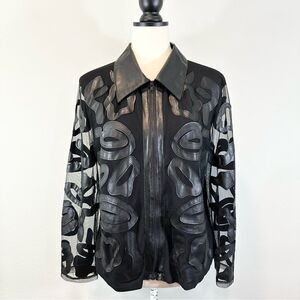 Valenti Black Jacket Mesh Faux Leather Appliqué Full Zip Front Size M